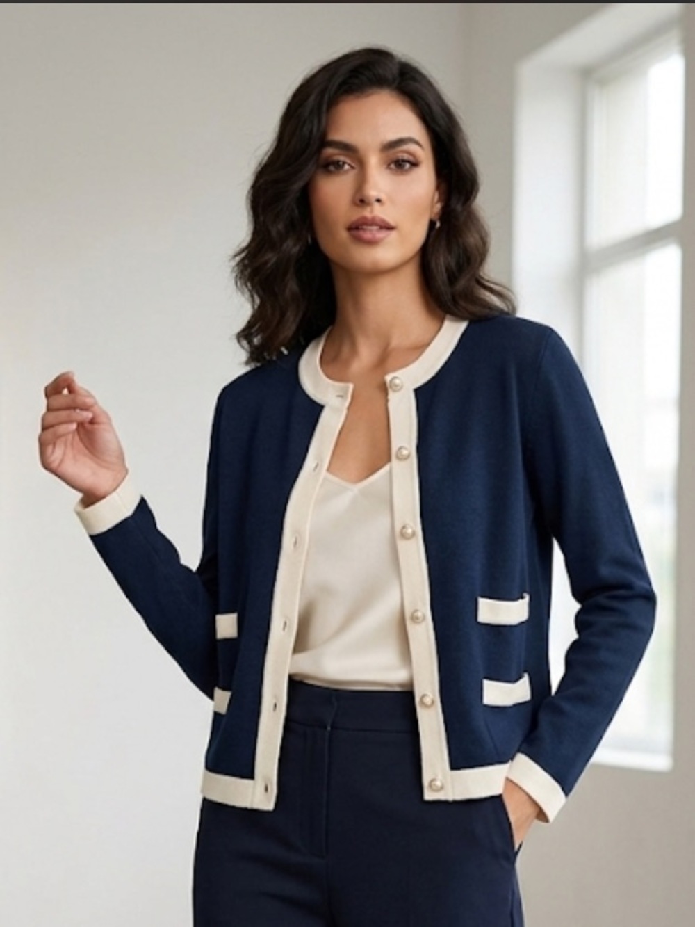 Tory Burch Navy and Cream Trimmed Cardigan